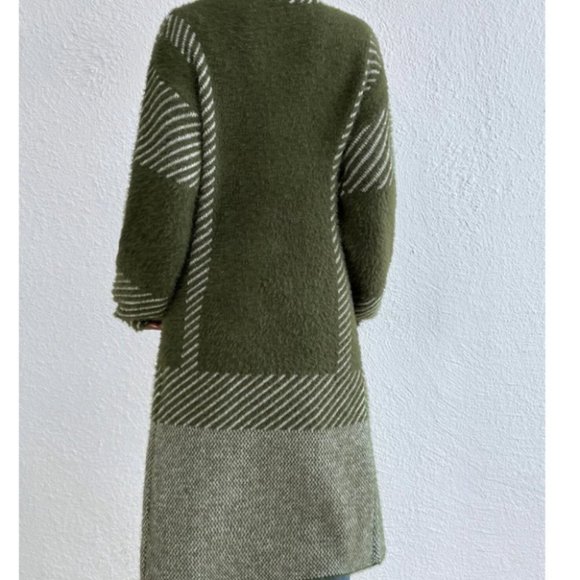 open front striped print fuzzy sweater knit duster cardigan green - Picture 3 of 7